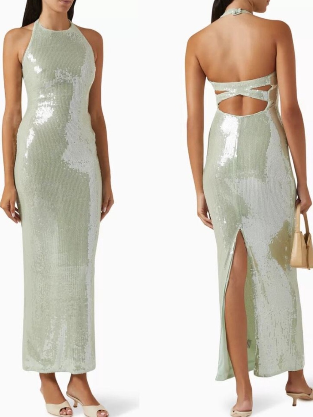 Reformation Elowyn Sequin Halter Open Back Slit Maxi Dress Gown Icy Seafoam - Picture 2 of 13